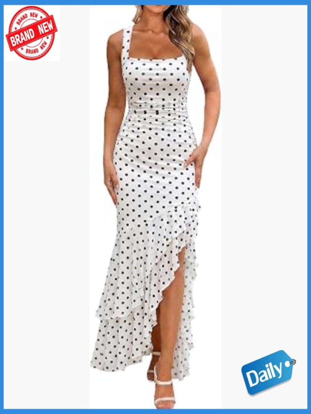 Women's Bodycon Ruched Polka Dot Maxi Dress Mesh Mermaid Ruffle Long Formal